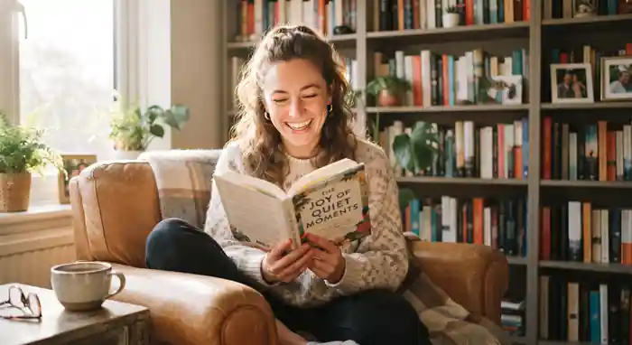 Young woman smiling while reading a book at home